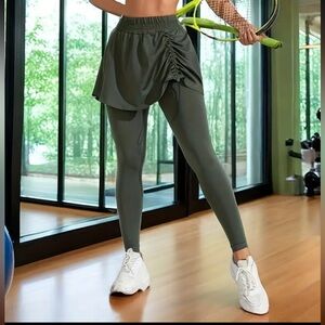 Women's Olive Green Skirted Leggings with Drawstring Detail